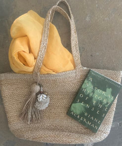Beach bag with Sheel tassel hemp scarf and book